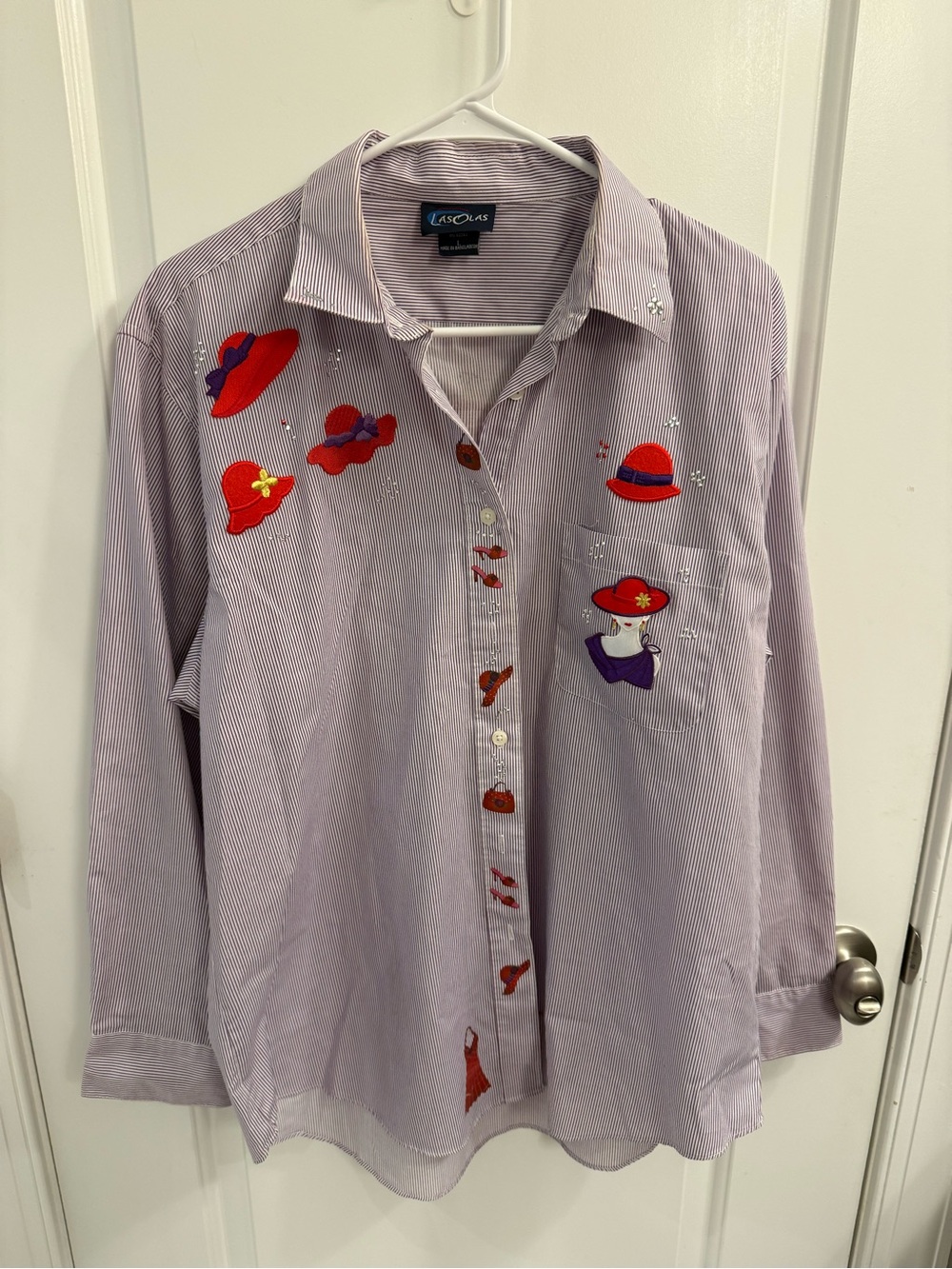 Las Olas Lavender Pinstripe Button-Down Shirt with Red Hat Embroidery Size L